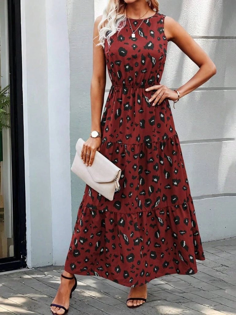 Kadın Kolsuz Bisiklet Yaka Beli Lastikli Desenli Süprem Elbise