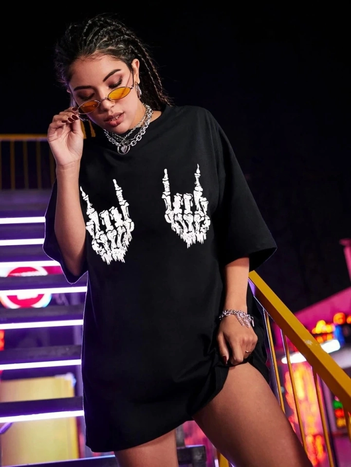 Baskılı Oversize T-shirt - Siyah