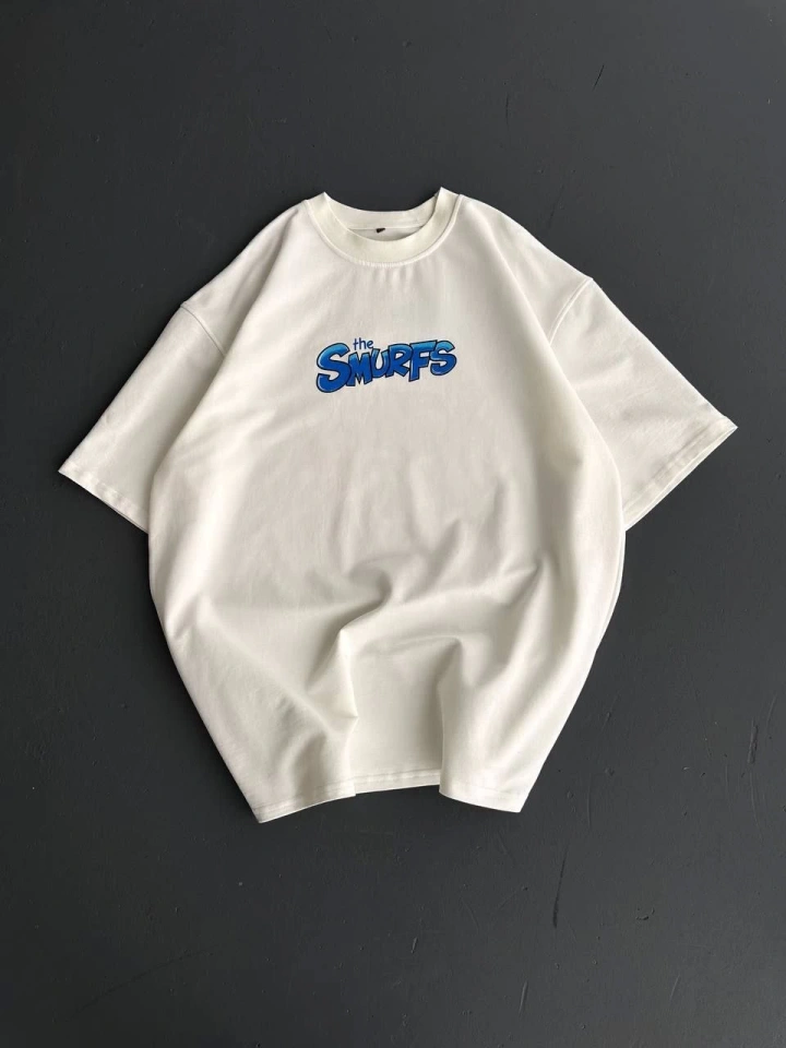 Ön Ve Arka Baskılı Oversize Bisiklet Yaka T-shirt- Beyaz