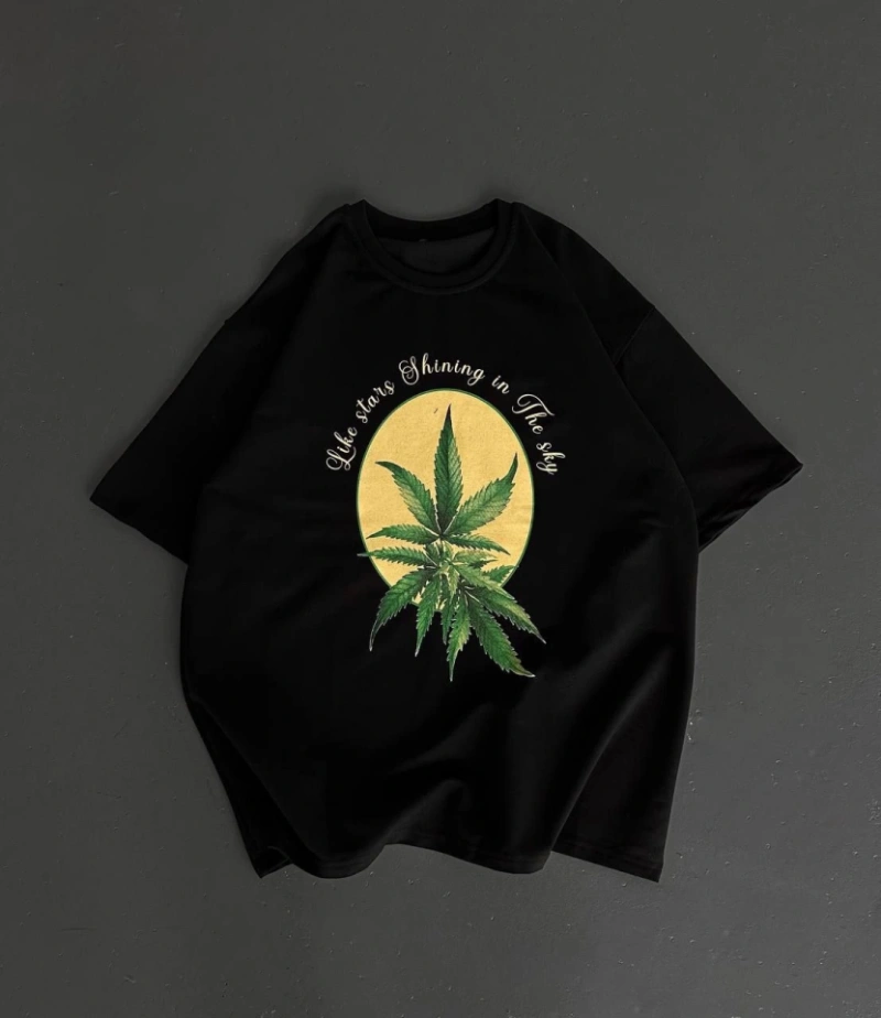 Ön Ve Arka Baskılı Oversize Bisiklet Yaka T-shirt- Siyah