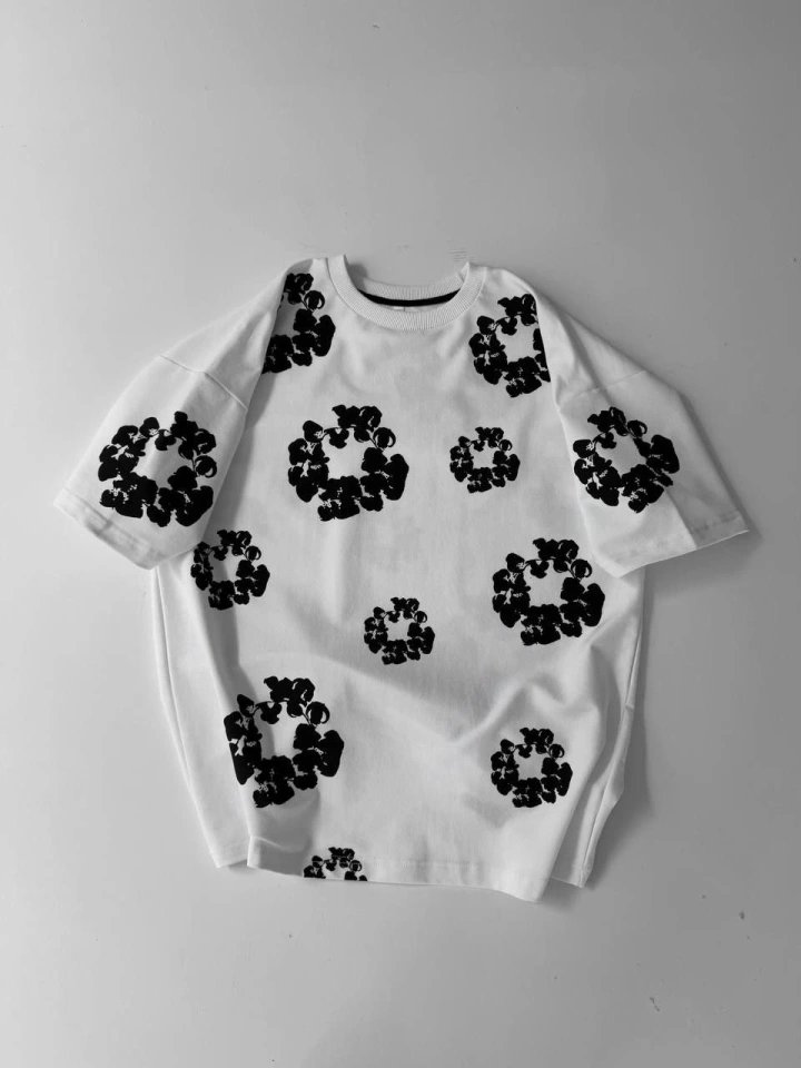 Ön Ve Arka Baskılı Oversize Bisiklet Yaka T-shirt- Beyaz