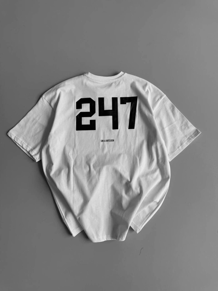 Baskılı Oversize Bisiklet Yaka T-shirt - Beyaz