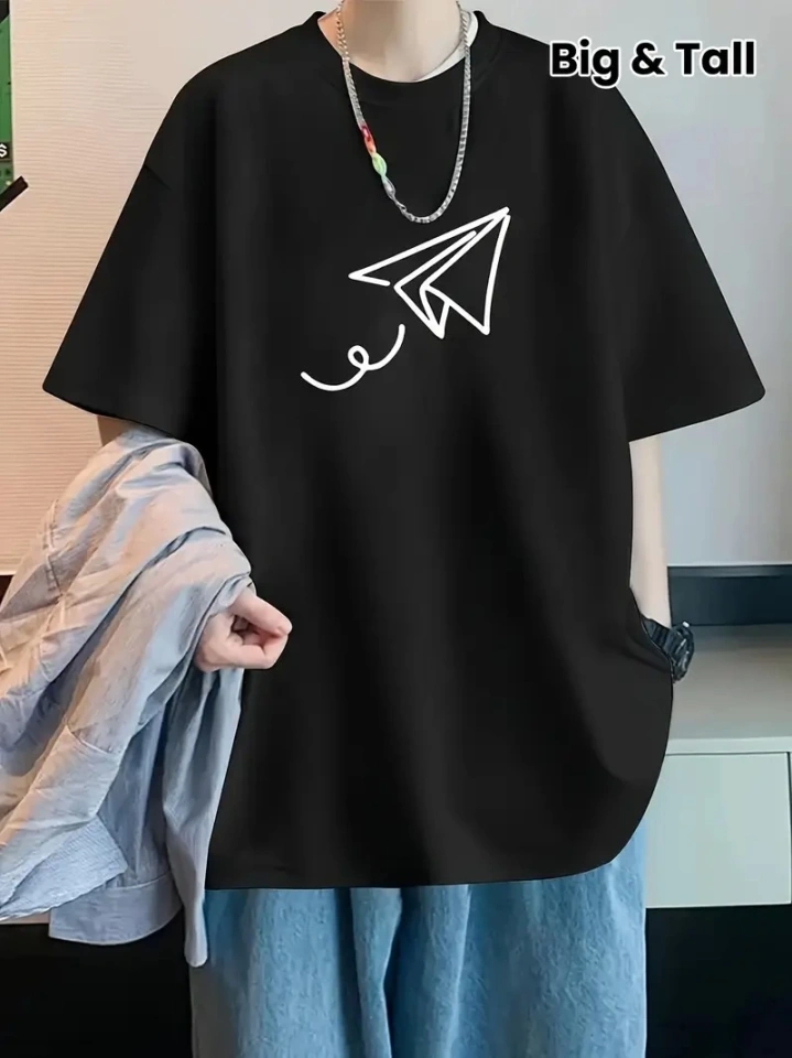 Baskılı Oversize Bisiklet Yaka T-shirt - Siyah