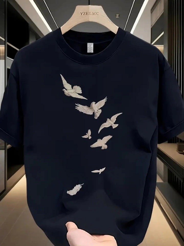 Baskılı Oversize Bisiklet Yaka T-shirt - Beyaz