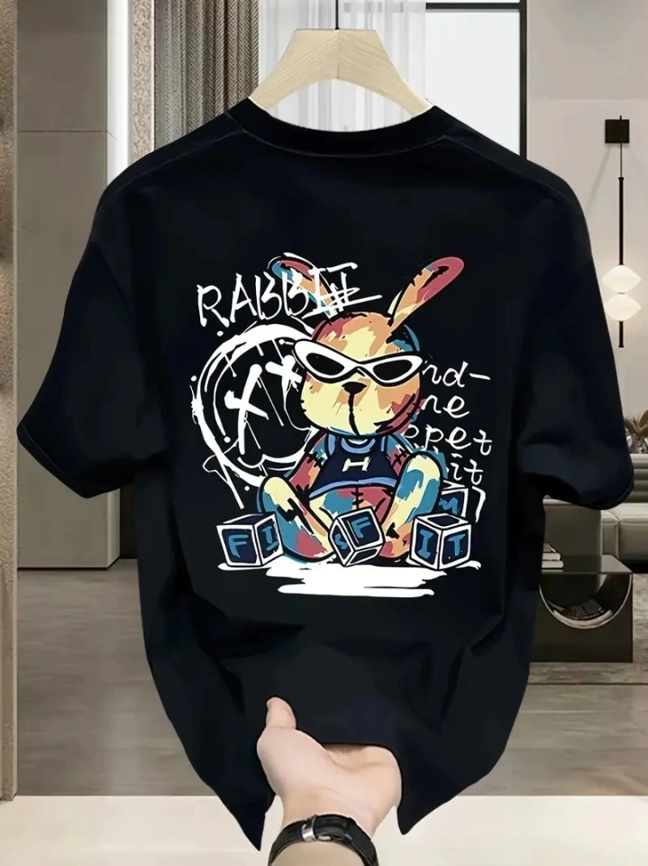 Baskılı Oversize Bisiklet Yaka T-shirt - Siyah