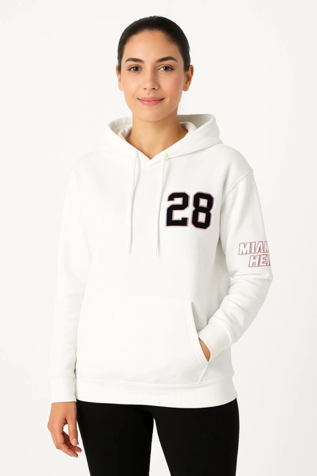 Üç İplik Kapüşonlu Ön Ve Arka Baskılı SweatShirt Hoodie - Beyaz