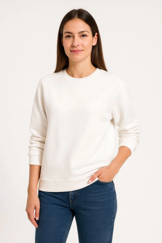Üç İplik Düz Bisiklet Yaka SweatShirt - Beyaz
