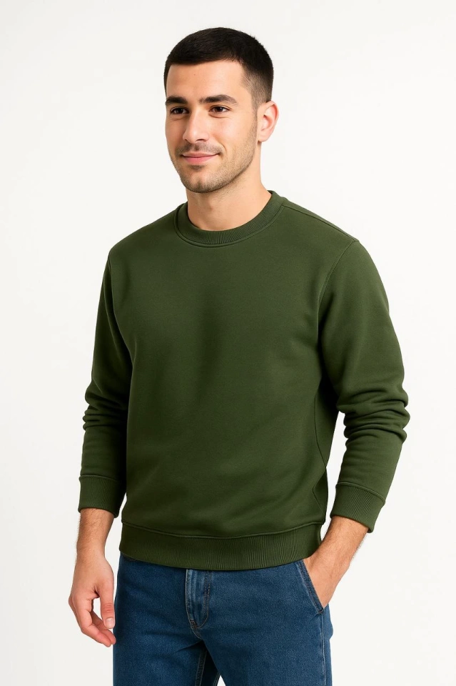 Erkek Üç İplik Düz Bisiklet Yaka SweatShirt - Haki