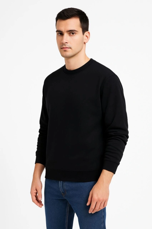 Erkek Üç İplik Düz Bisiklet Yaka SweatShirt - Siyah
