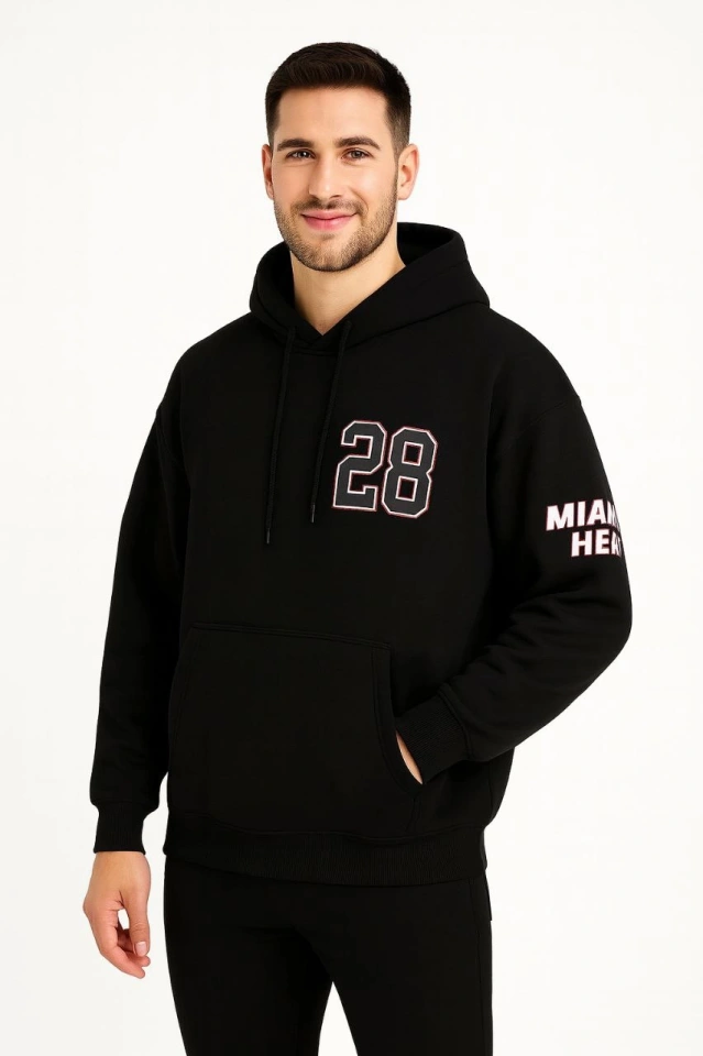 Üç İplik Kapüşonlu Ön Ve Arka Baskılı SweatShirt Hoodie - Siyah