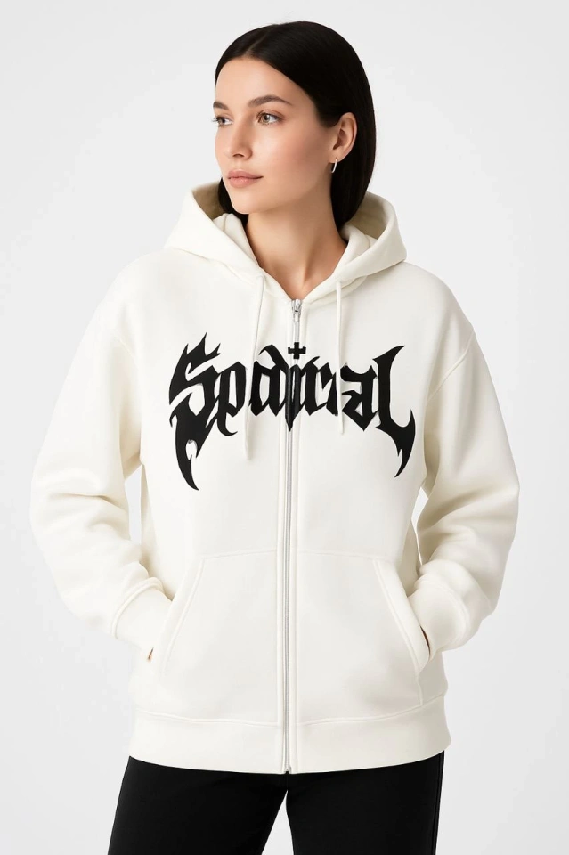 Oversize Kapüşonlu Sweatshirt Hoodie 3 İplik Şardonlu Pamuklu Kumaş, Önü Baskılı, Fermuarlı Rahat Kalıp, Kışlık Ve Sokak Stili Sweat - Beyaz