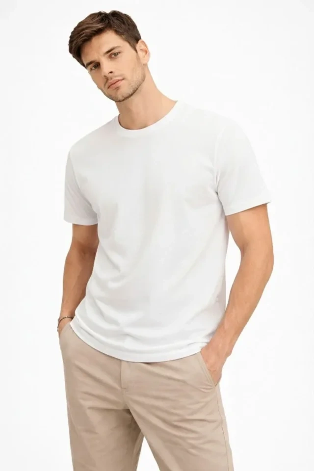 Erkek Bisiklet Yaka Tişört Regular Kalıp Basic Pamuklu Günlük Kullanım T-shirt - Beyaz