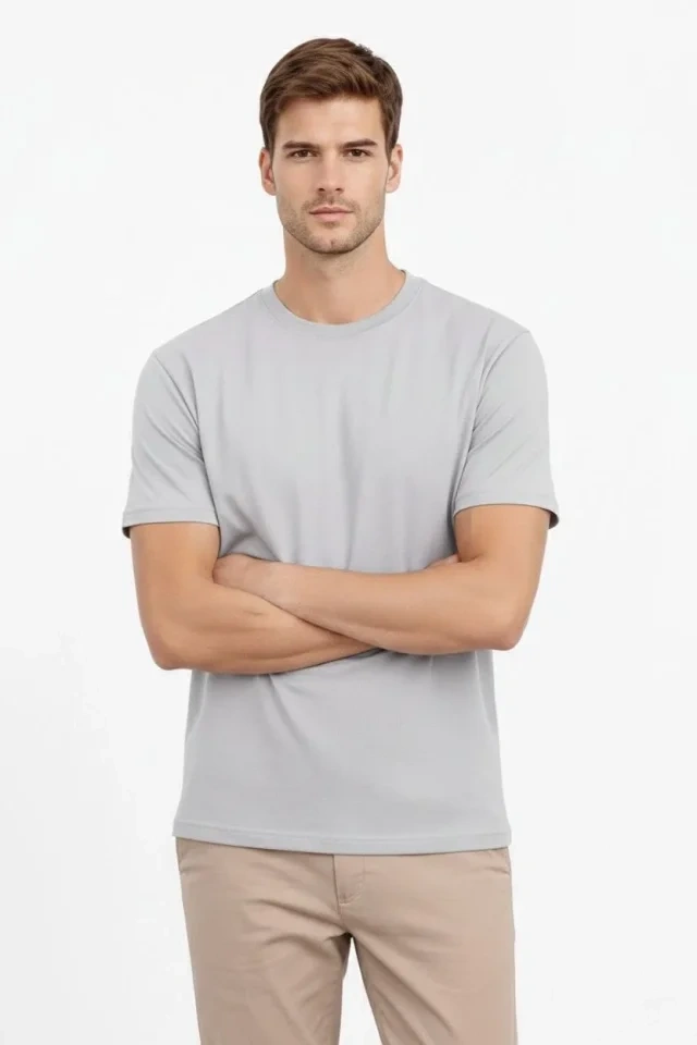 Erkek Bisiklet Yaka Tişört Regular Kalıp Basic Pamuklu Günlük Kullanım T-shirt - Gri