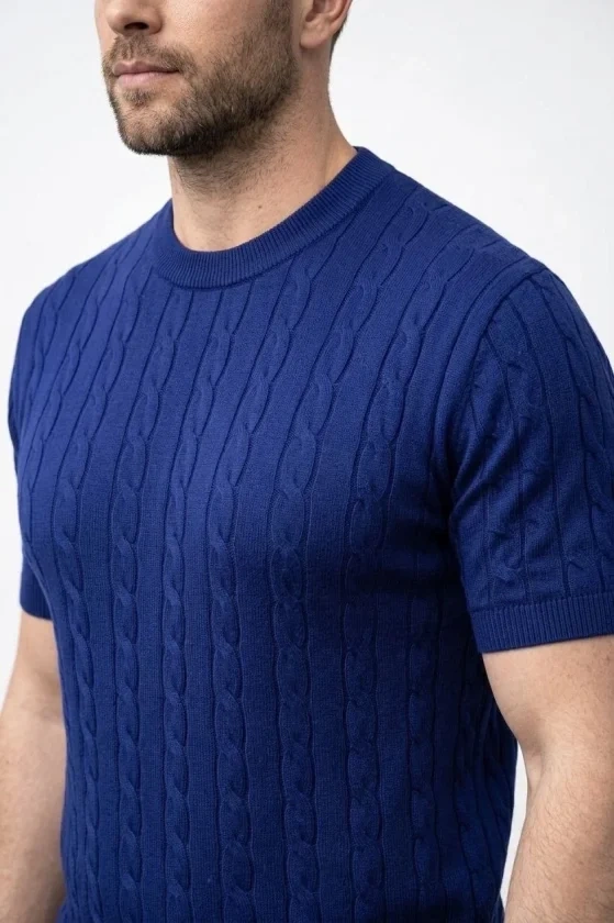 Erkek Yazlık Triko Dokuma Tişört Kısa Kol Bisiklet Yaka Örgü Desenli T-Shirt - Lacivert