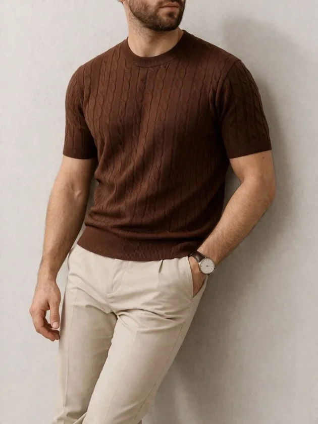 Erkek Yazlık Triko Dokuma Tişört Kısa Kol Bisiklet Yaka Örgü Desenli T-Shirt - Kahverengi