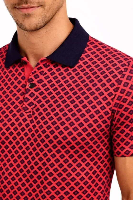 Erkek Pike Kumaş Polo Yaka Desenli Tişört Kısa Kol Yazlık T-Shirt - Kırmızı