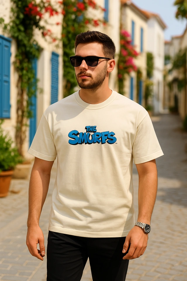 Ön Ve Arka Baskılı Oversize Bisiklet Yaka T-shirt- Beyaz