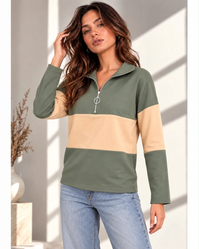Kadın Fermuarlı Yaka Renk Bloklu Sweatshirt / Üst